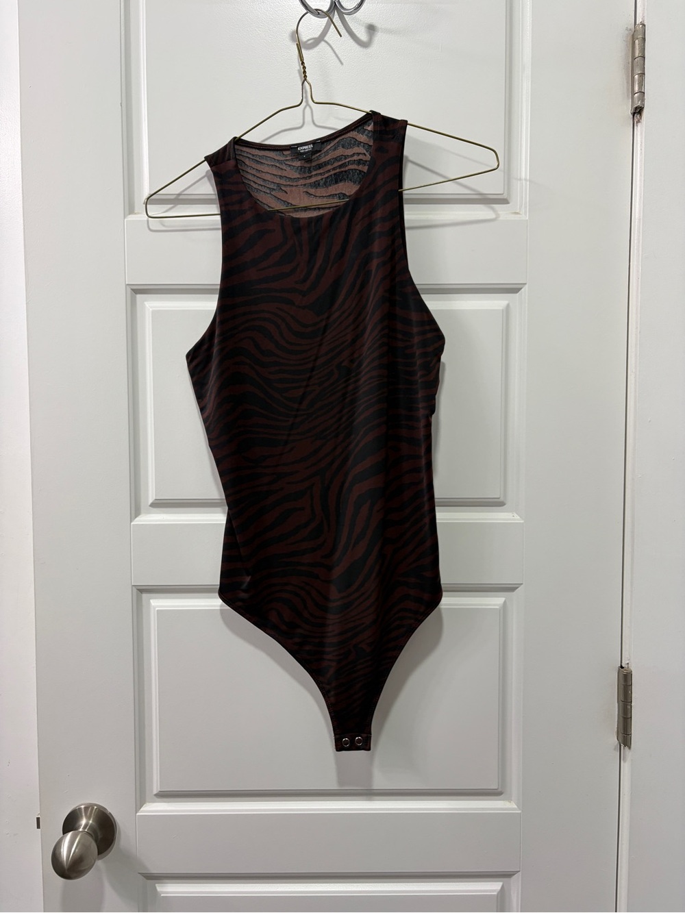Sleeveless Zebra Print Bodysuit in Dark Brown and Black size small